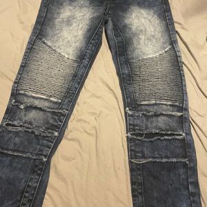 Dark Blue acid washed distressed jeans, size 32/32